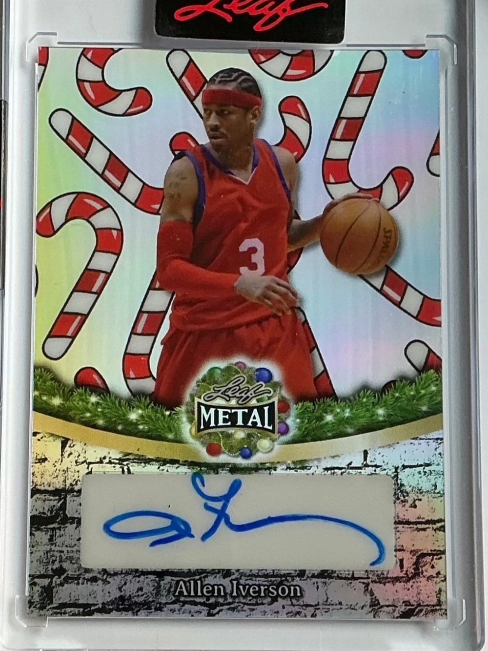 Autographed Leaf Metal Allen Iverson Holiday Candy Cane Autograph Card - Red